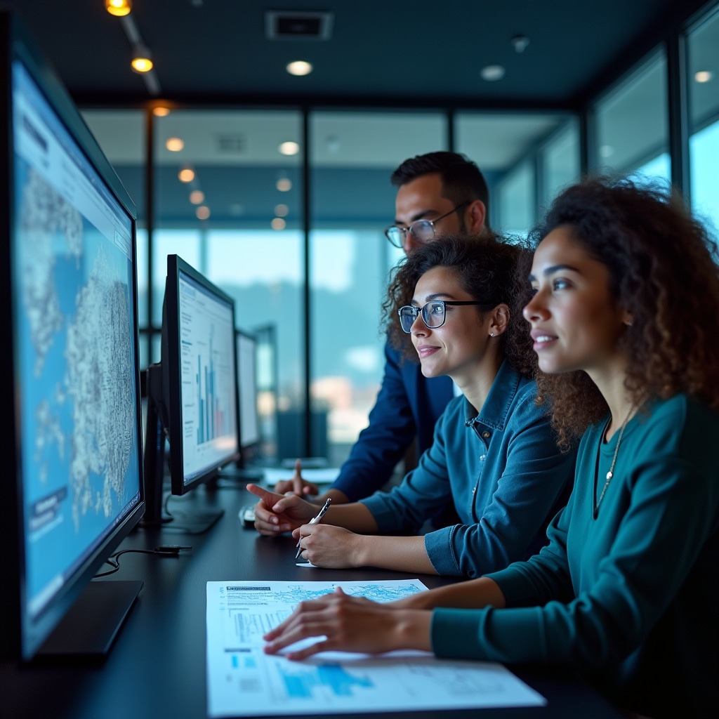Young adults in a digital learning environment studying financial concepts on laptops