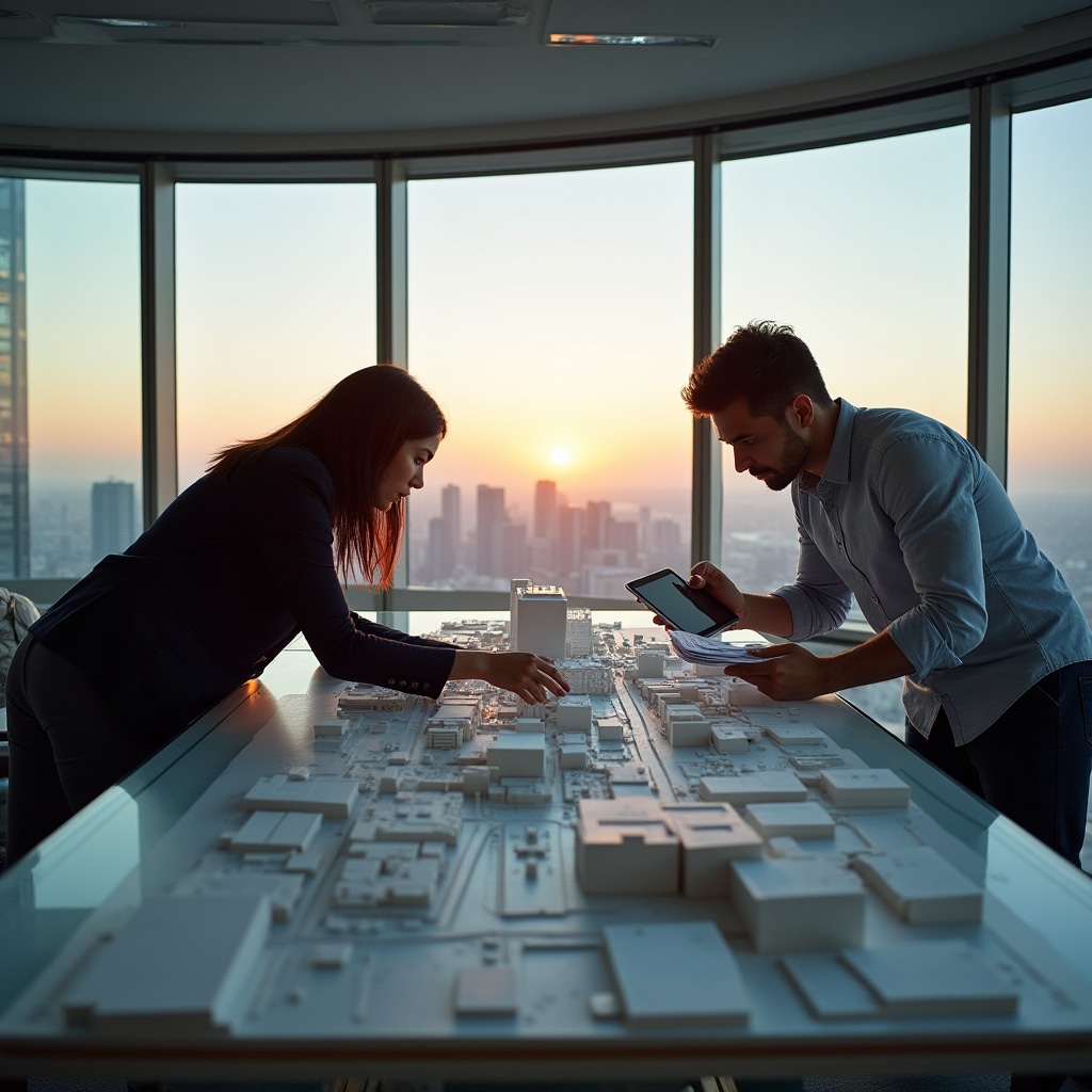 Young professionals studying real estate concepts in a modern workspace