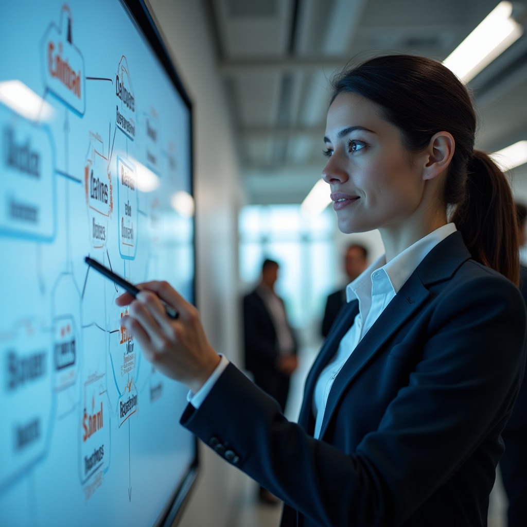 Instructor explaining real estate financial concepts using digital presentation tools in a modern setting