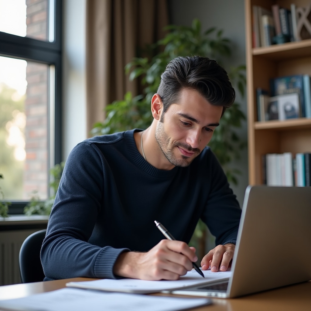 Young Chilean professional in their late twenties studying real estate concepts at a modern desk with city view